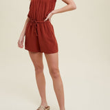Linen Drawstring Romper with Smocked Detail