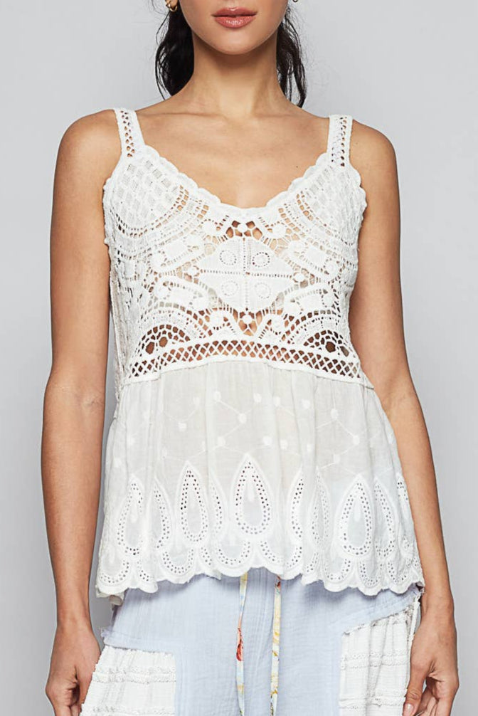 Pol - Womens - Tops - Tanks - Emerie Embroidery Crochet Woven Top - MTT Collective