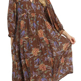 Woman wearing a brown floral dress on a white background