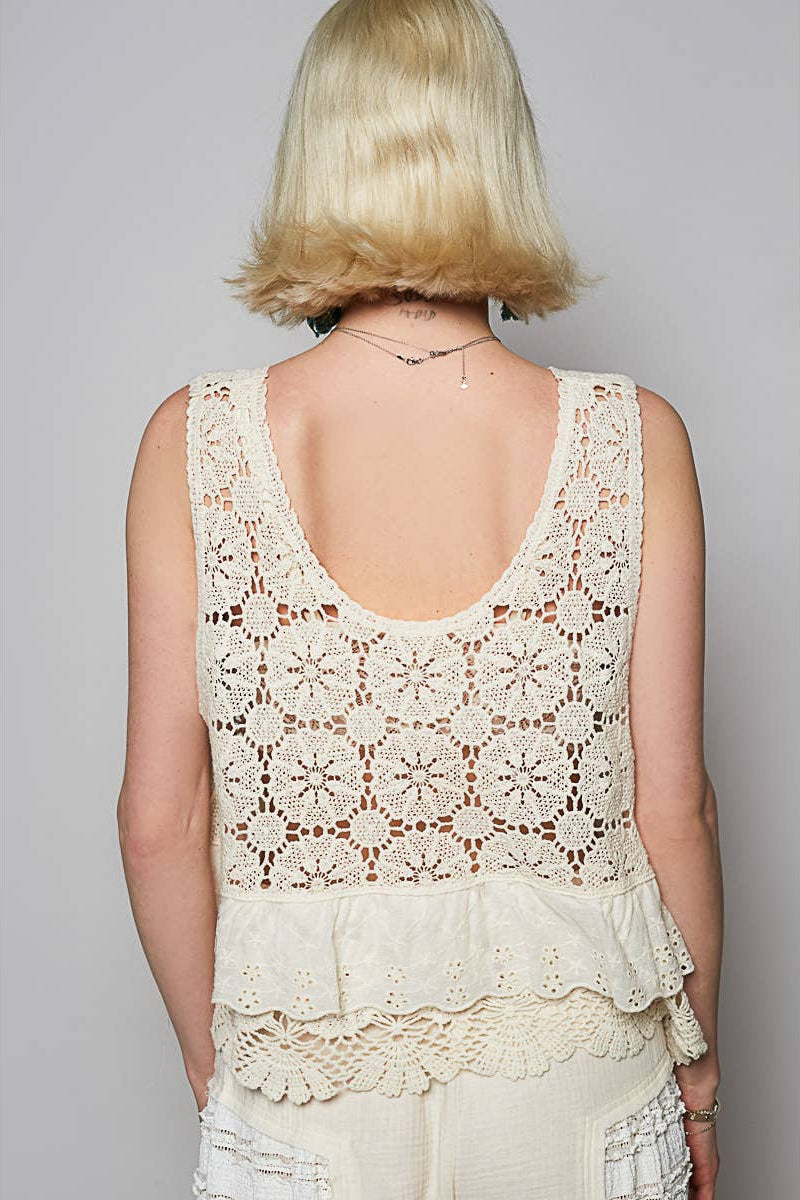 Pol - Womens - Tops - Tanks - Round Neck Ruffle Eyelet Crochet Top - MTT Collective