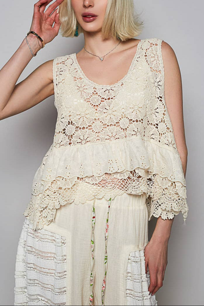 Pol - Womens - Tops - Tanks - Round Neck Ruffle Eyelet Crochet Top - MTT Collective