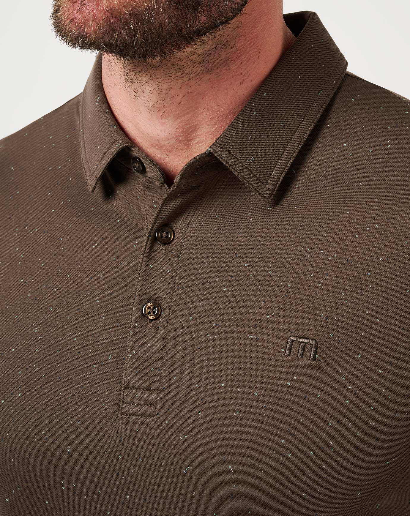 Brown polo shirt with a small logo on a white background