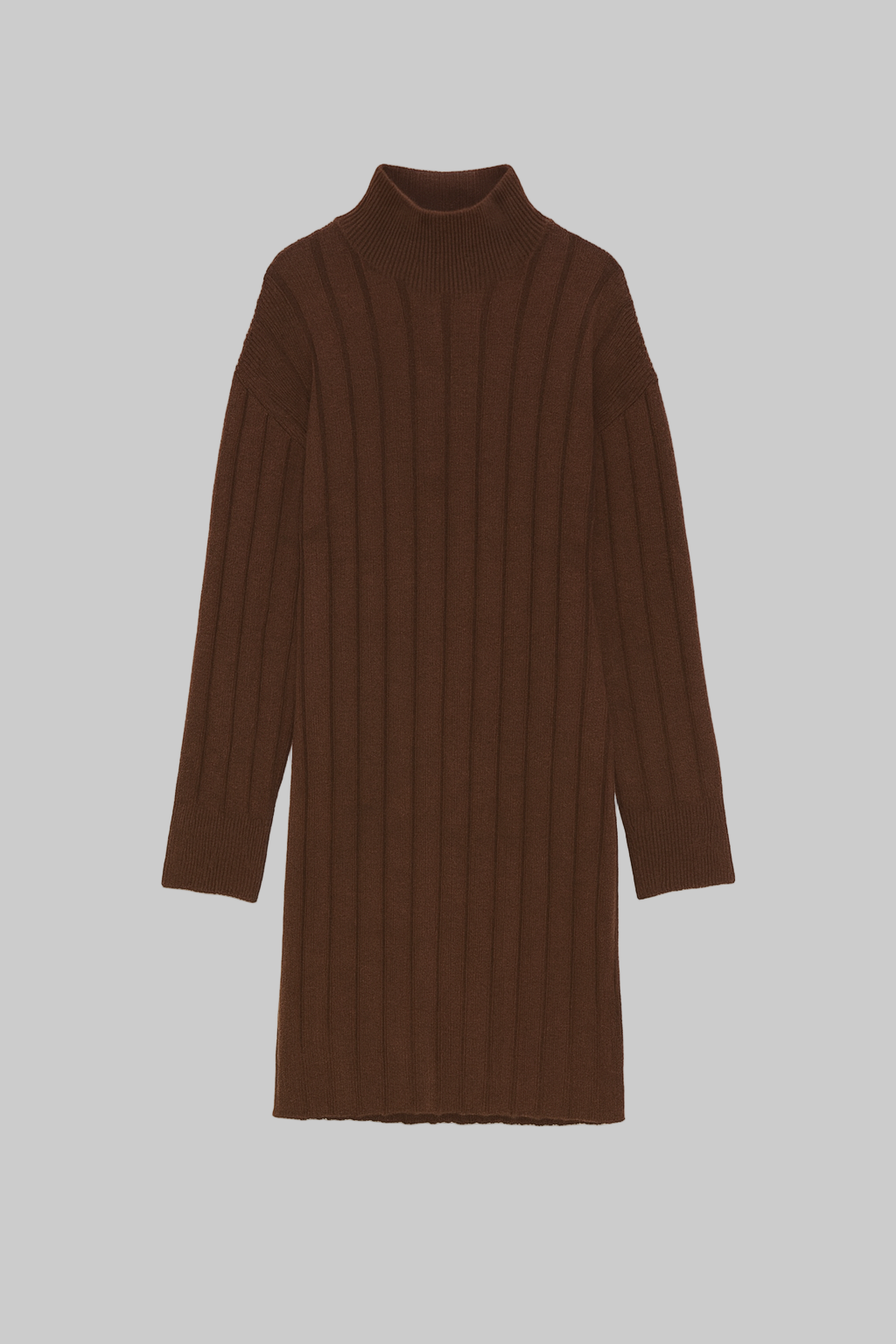 Brown ribbed knit dress on a beige background