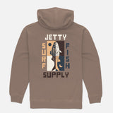 Brown hoodie with 'Jetty Surf Fish Supply' graphic on the back against a white background