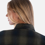 Person wearing a black plaid shirt with a plain background