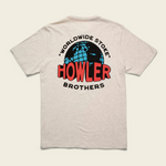 Gray t-shirt with Howler Brothers logo on a beige background