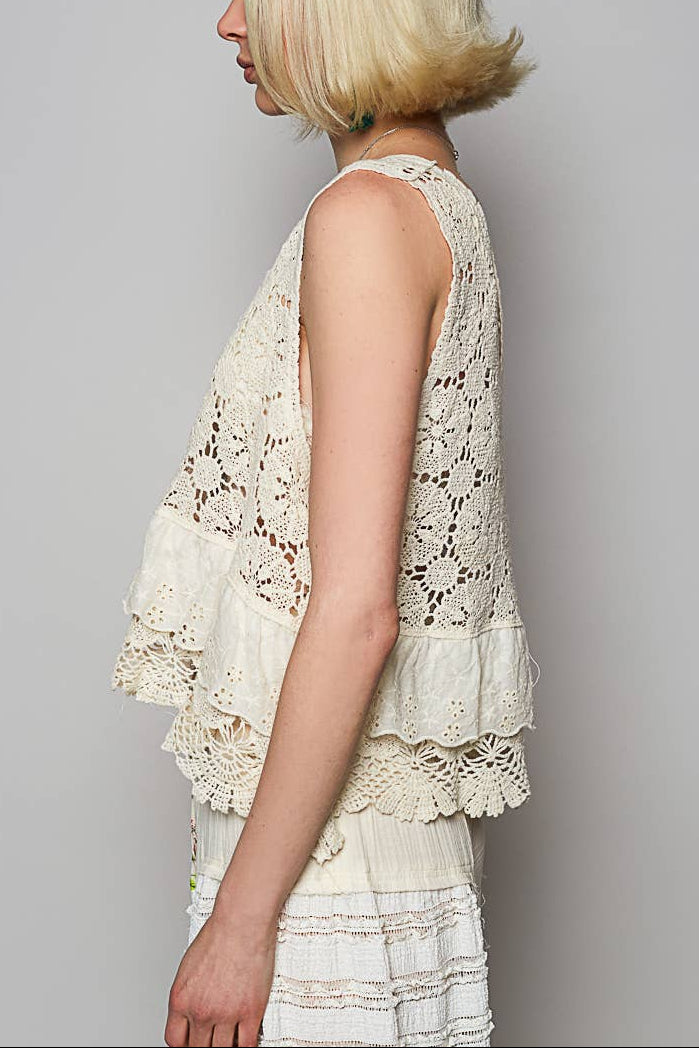 Pol - Womens - Tops - Tanks - Round Neck Ruffle Eyelet Crochet Top - MTT Collective