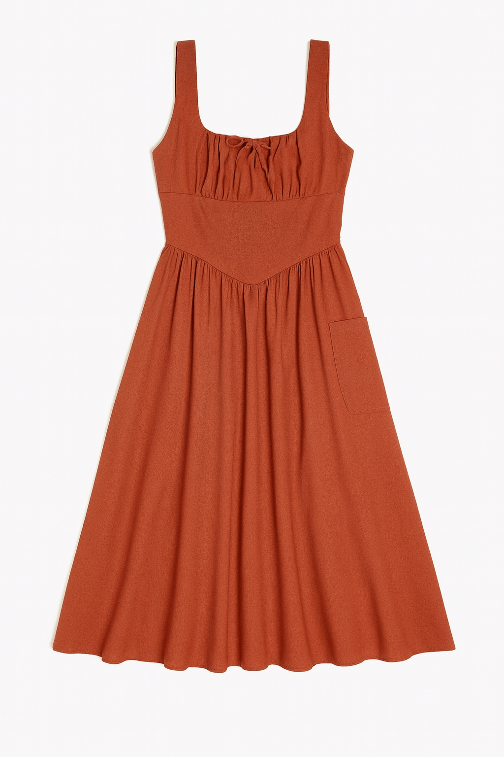 Rust Linen-Blend Corset Waist Midi Dress L Rust Linen-Blend Corset Waist Midi Dress L