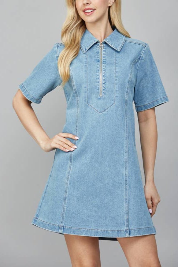Zoey Half Zip Front A-Line Denim Dress By Fate By LFD Light Blue Denim / S Zoey Half Zip Front A-Line Denim Dress By Fate By LFD Light Blue Denim / S