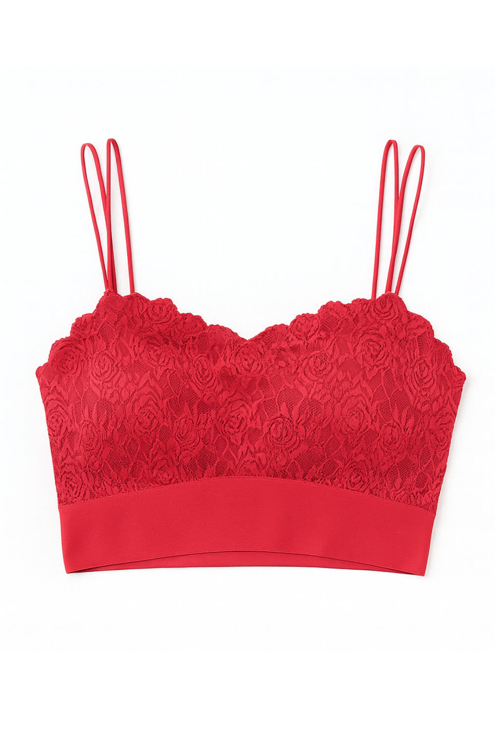 Red lace bralette on a white background