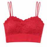 Red lace bralette on a white background