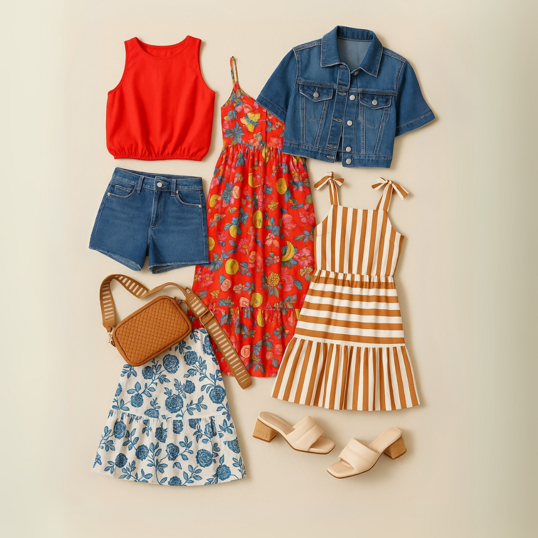 Collection of summer clothing and accessories on a beige background