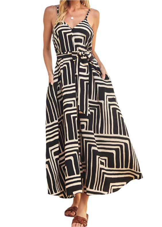Willow Flared Rayon Maxi Dress in Black/Cream, front