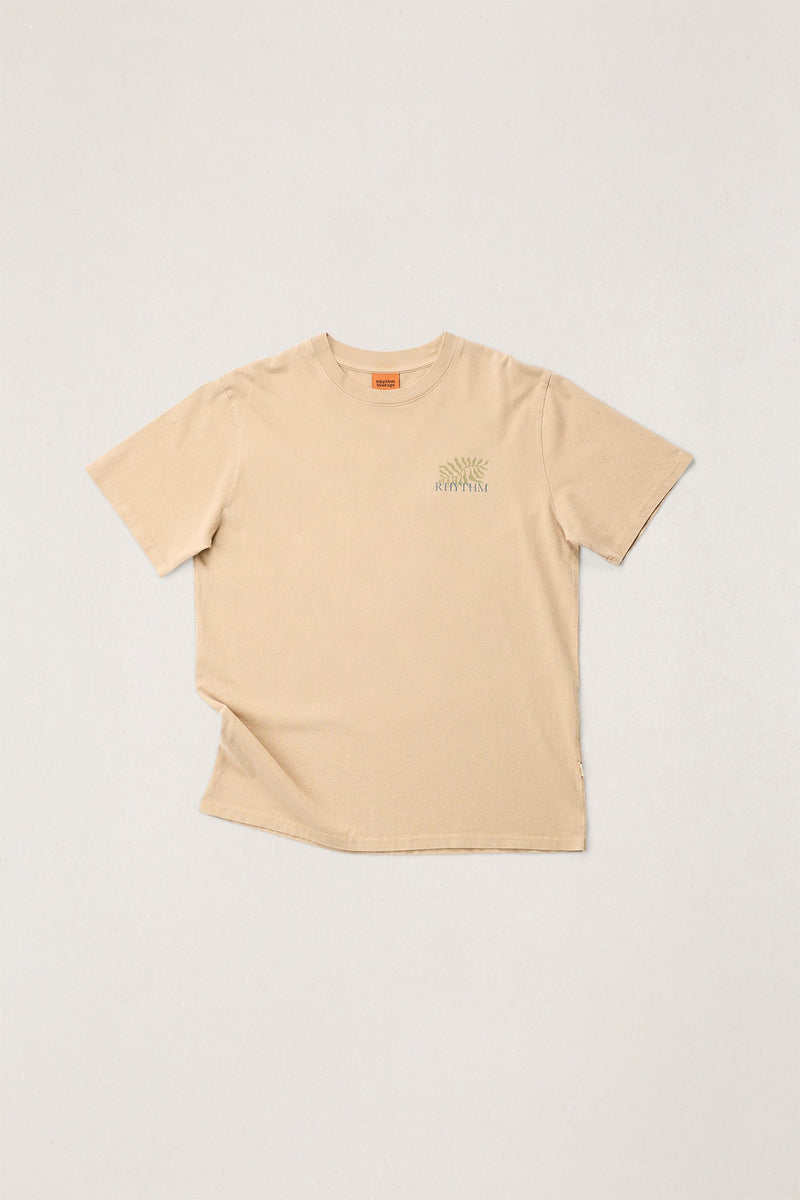 Beige t-shirt with a logo on a light gray background