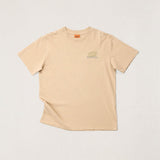 Beige t-shirt with a logo on a light gray background