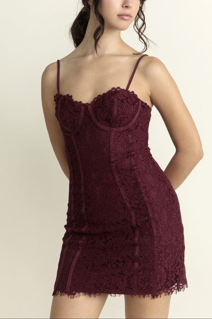 Woman wearing a burgundy lace dress against a plain background