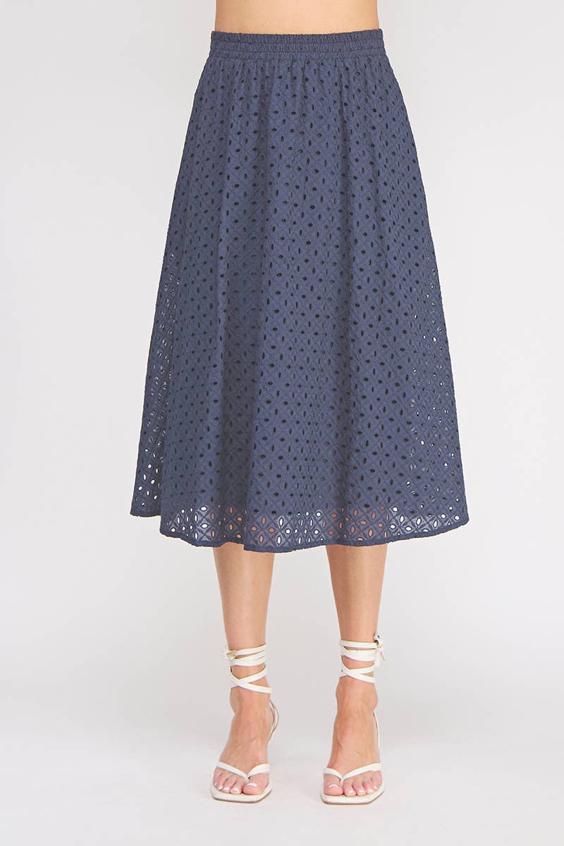 Delaney Eyelet Midi Skirt with Pockets navy front