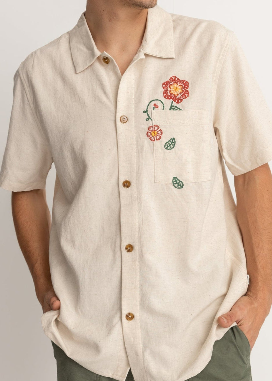 Rhythm - Mens - Tops - Button Ups - Flower Embroidery Short Sleeve Shirt - MTT Collective