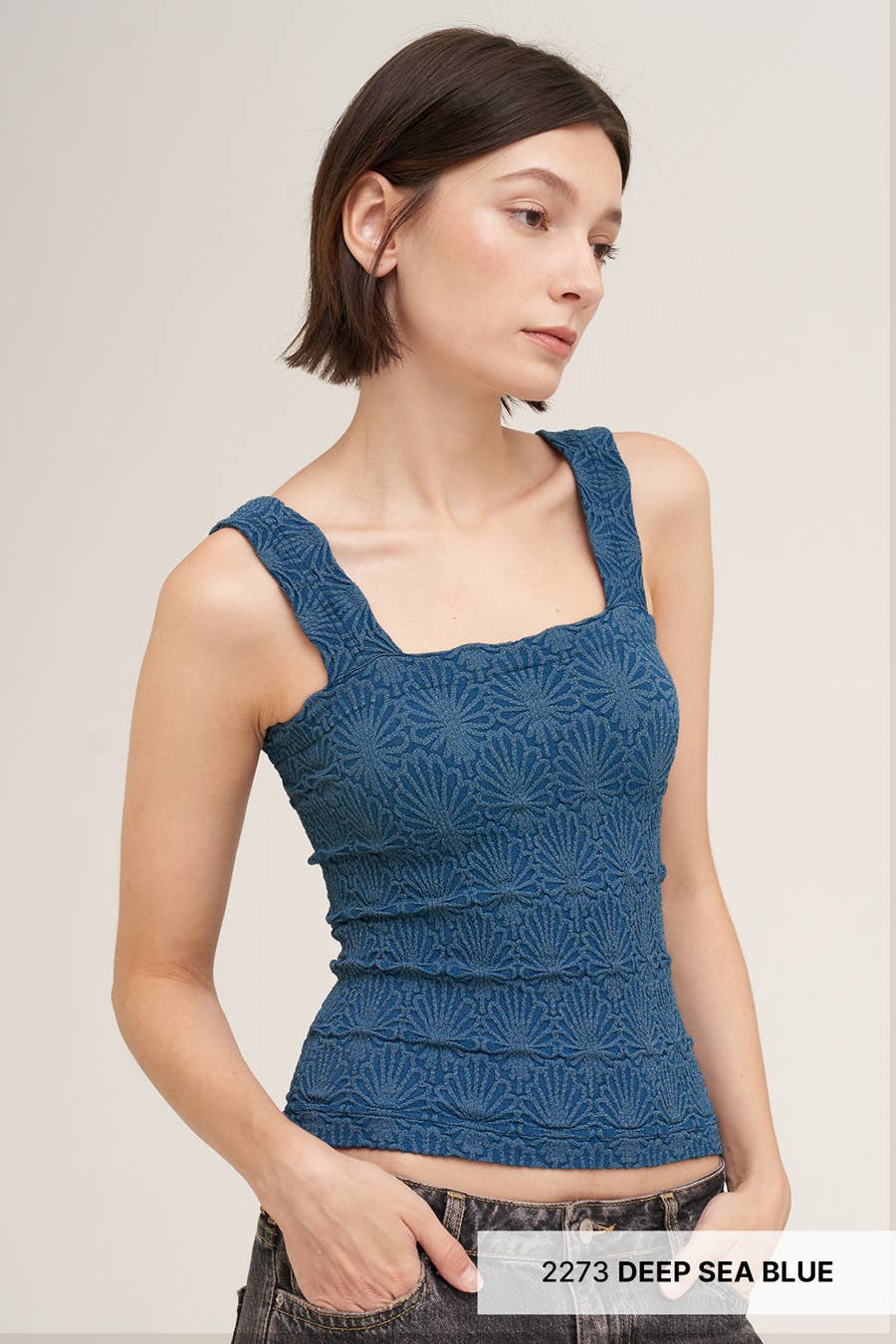 Julie Lace Textured Square Top in Deep Sea Blue