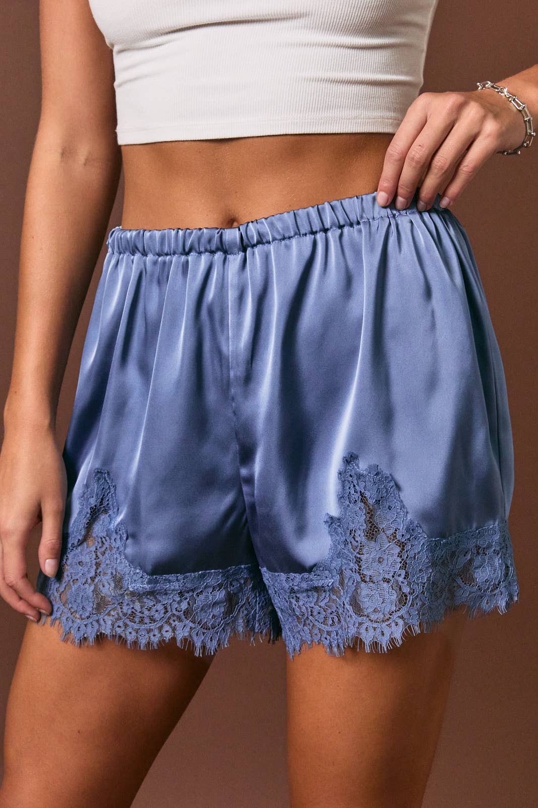 Juniper Lace Trim Shorts in Chocolate, detail