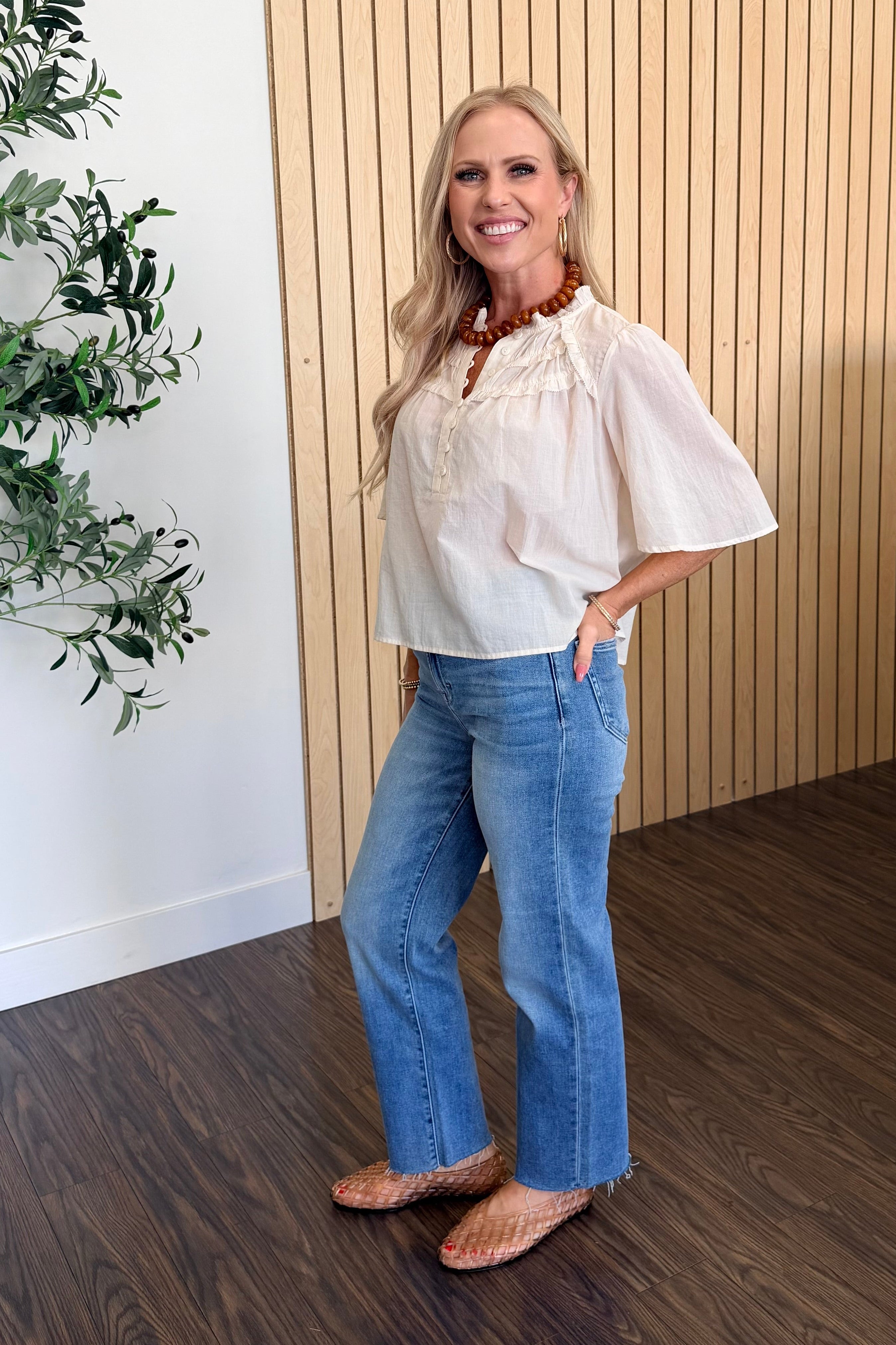 Half-Button Gathered Yoke Ruffle Blouse