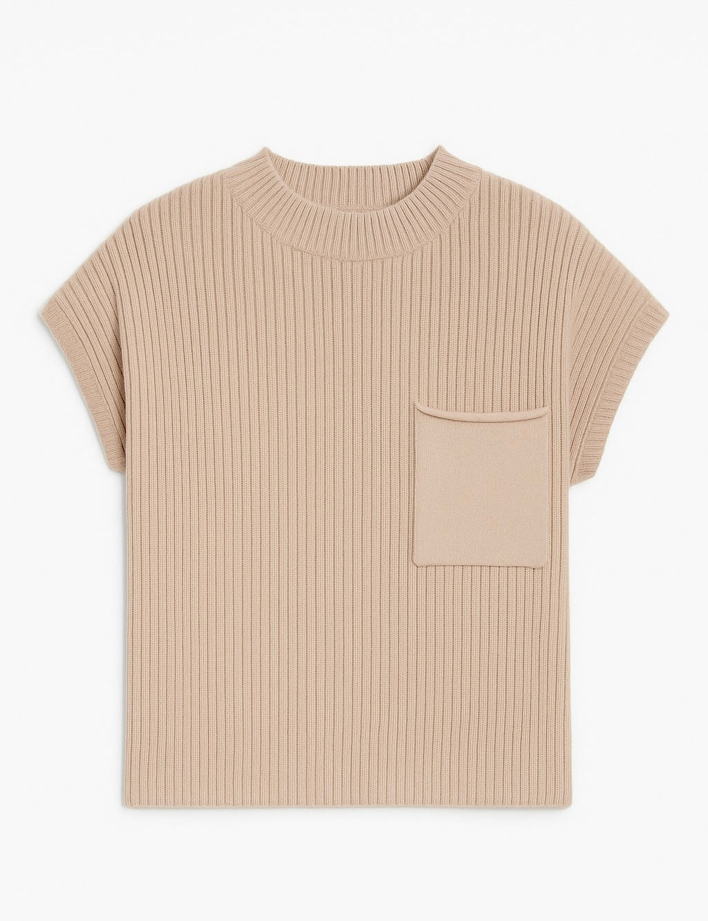 Beige ribbed knit top with short sleeves on a white background