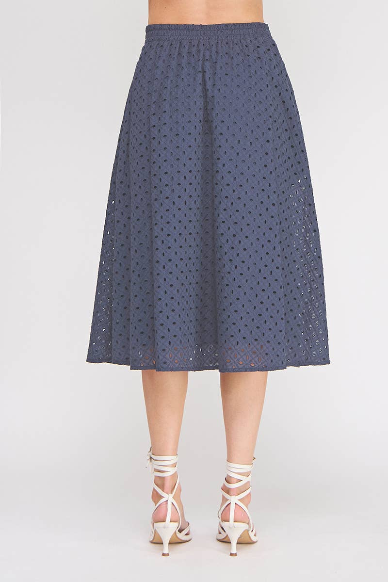 Delaney Eyelet Midi Skirt with Pockets navy eyelet detail