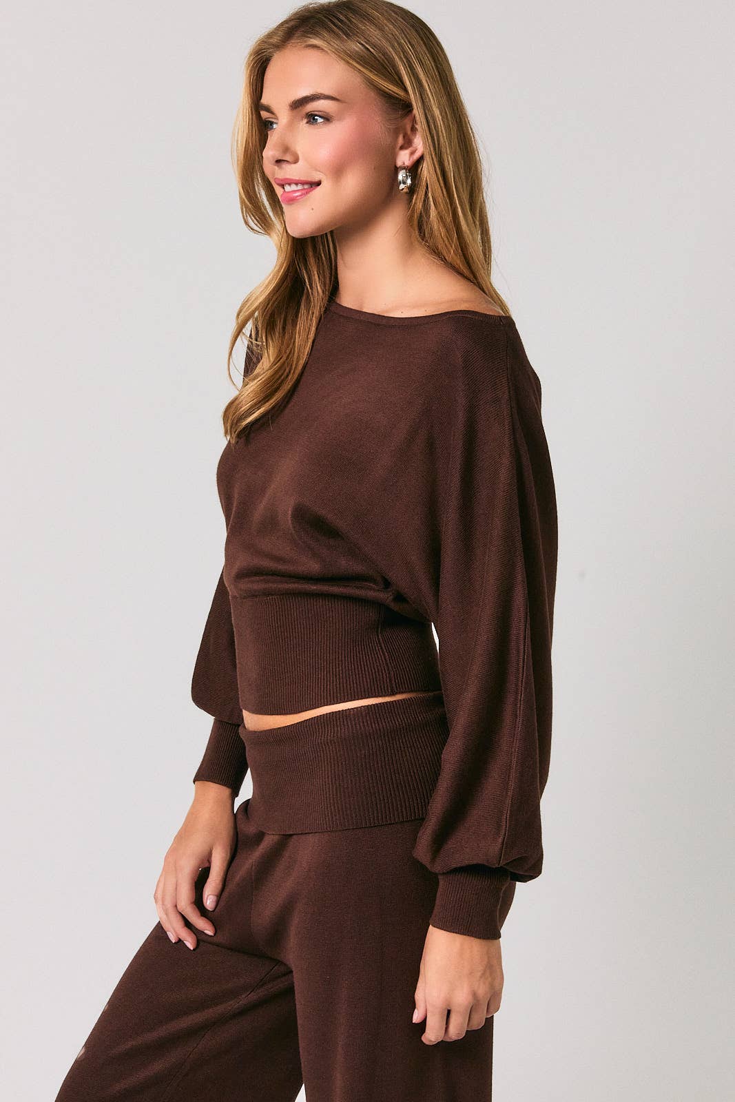 Aspen Boat Neck Dolman Sweater in Brown, full length