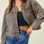 Canyon Leopard Denim Trucker Jacket in Tan Leopard, front view