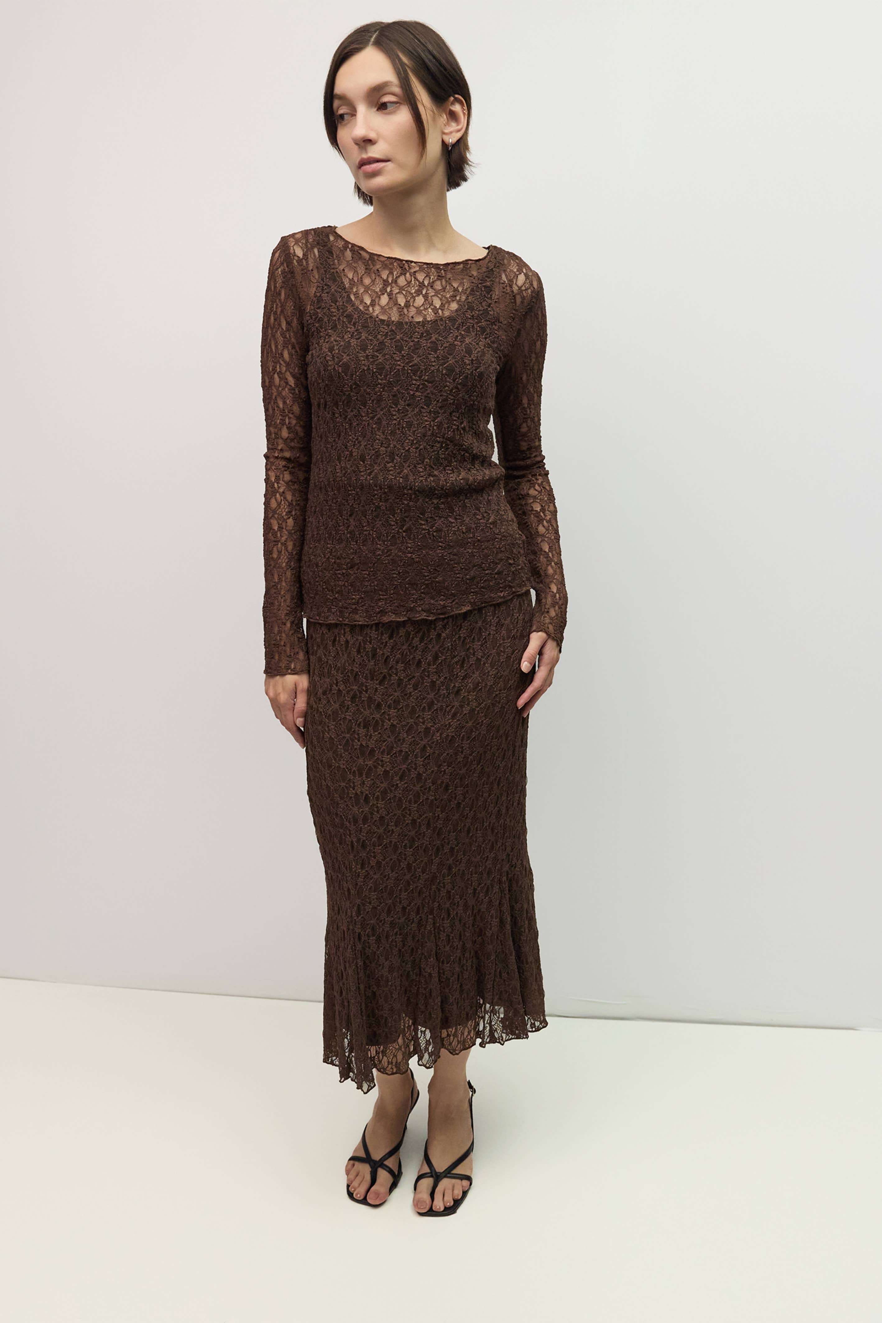 Willow Sheer Lace Top in Brown, front view