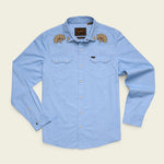 Howler Bros Crosscut Deluxe Snapshirt in Fanned Flora Faded Blue Oxford, front