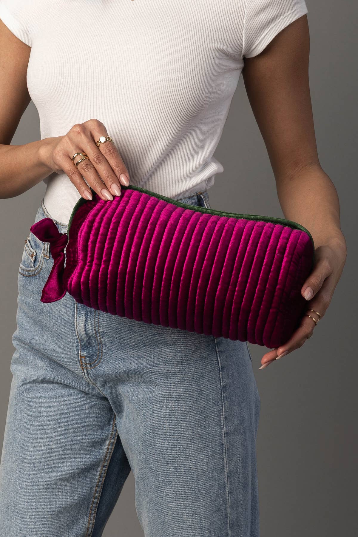 Juniper Velvet Ribbed Pouch in fuchsia and green