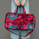 Wildflower Woven Duffel in burgundy floral, side