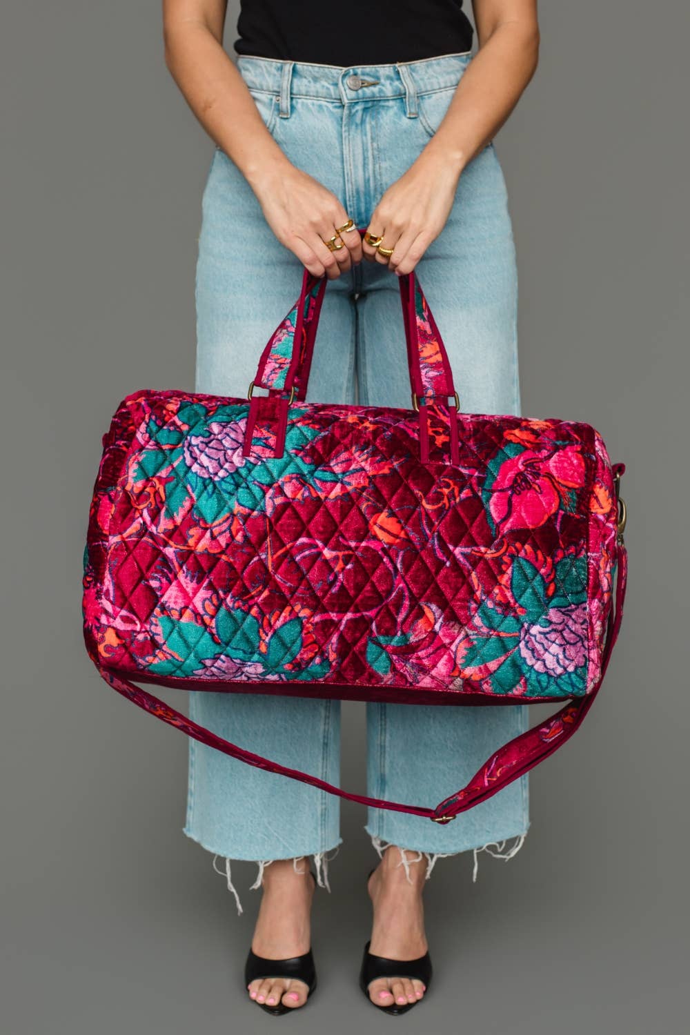Wildflower Woven Duffel in burgundy floral, side
