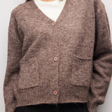 BROWN 5 close up of brown fuzzy knit and patch pocket