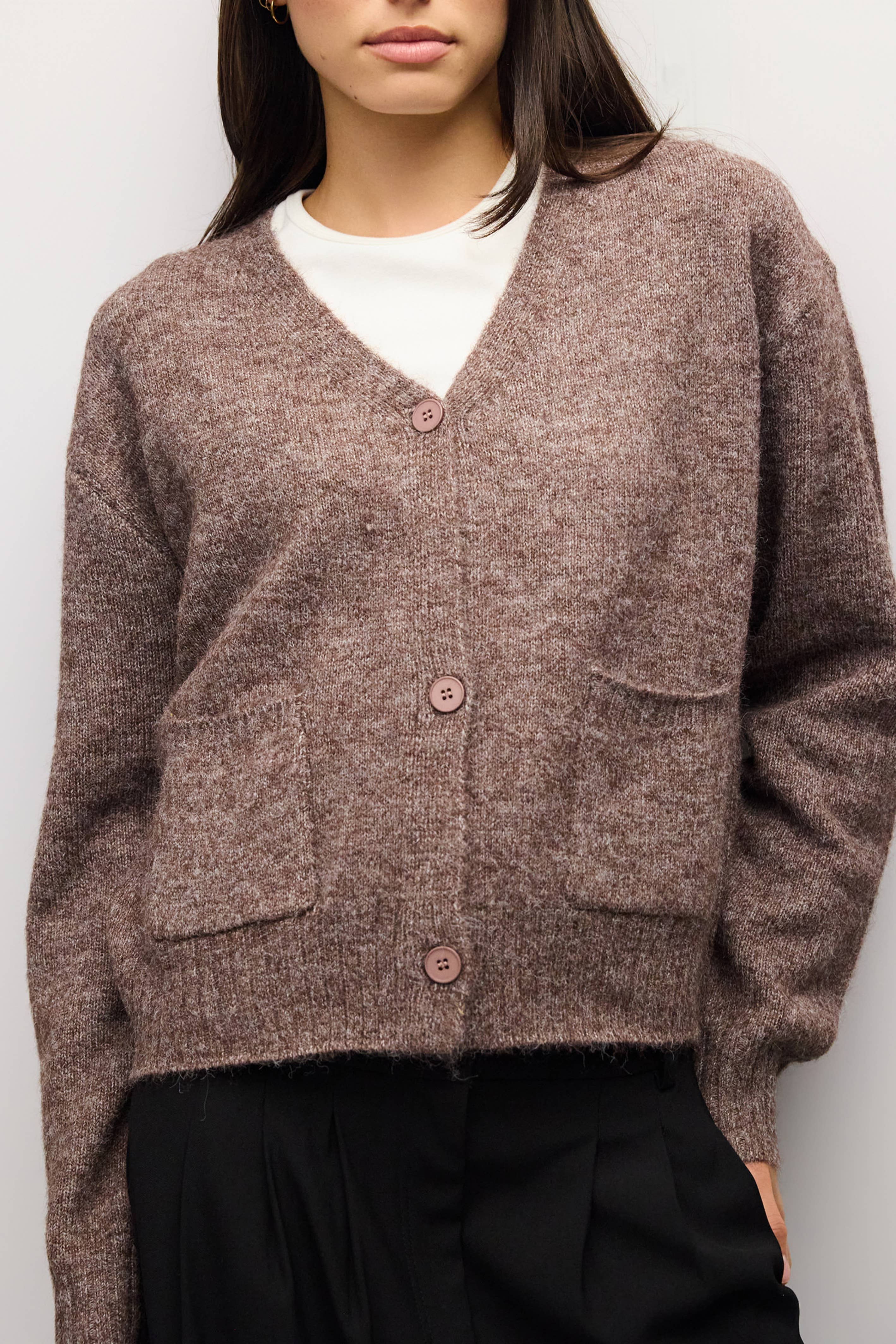 BROWN 5 close up of brown fuzzy knit and patch pocket