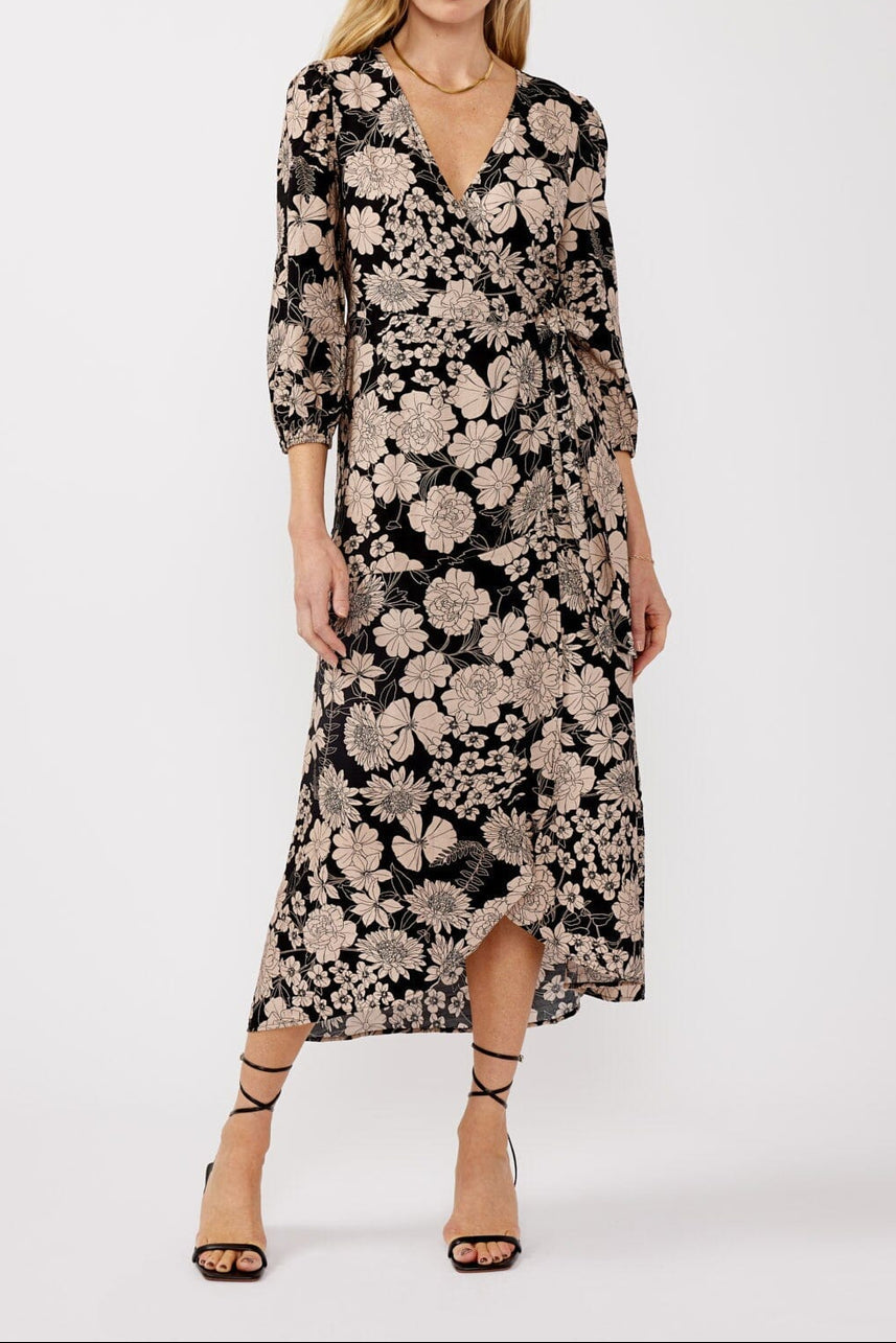 Mother Earth Floral Wrap Dress in Black/Taupe - MTT Collective