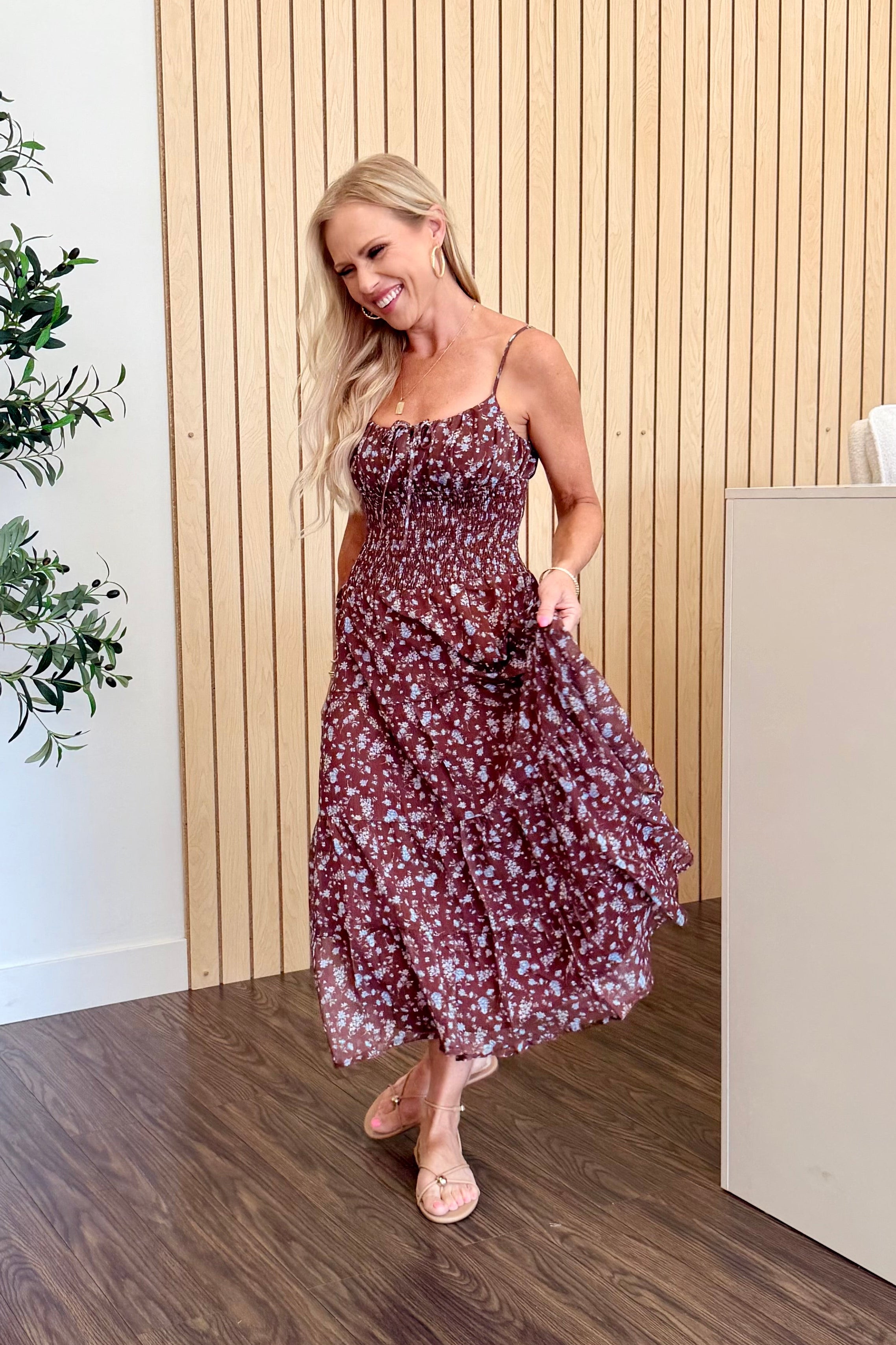 Adeline Smocked Floral Tiered Midi Dress