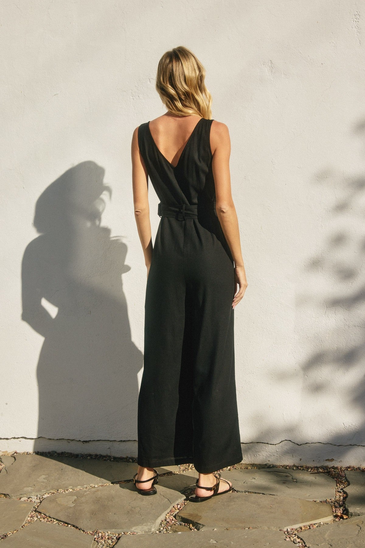 Alder Linen Button Front Jumpsuit in Black, back