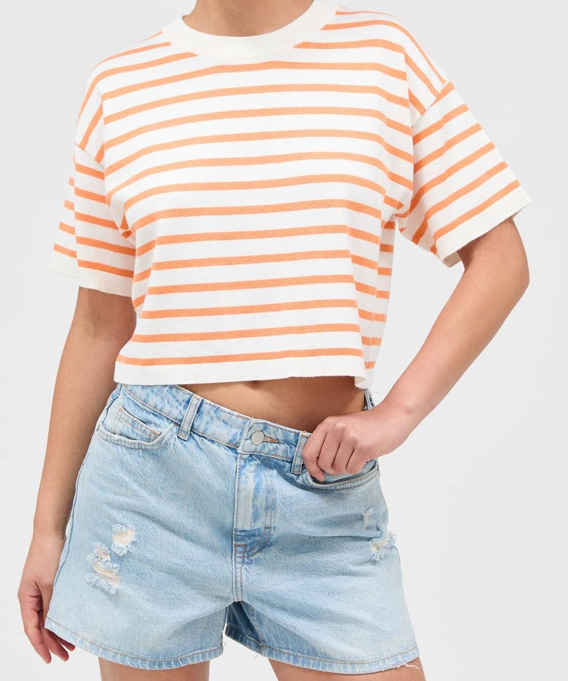Round Neck Striped Crop Top - Orange