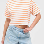 Round Neck Striped Crop Top - Orange