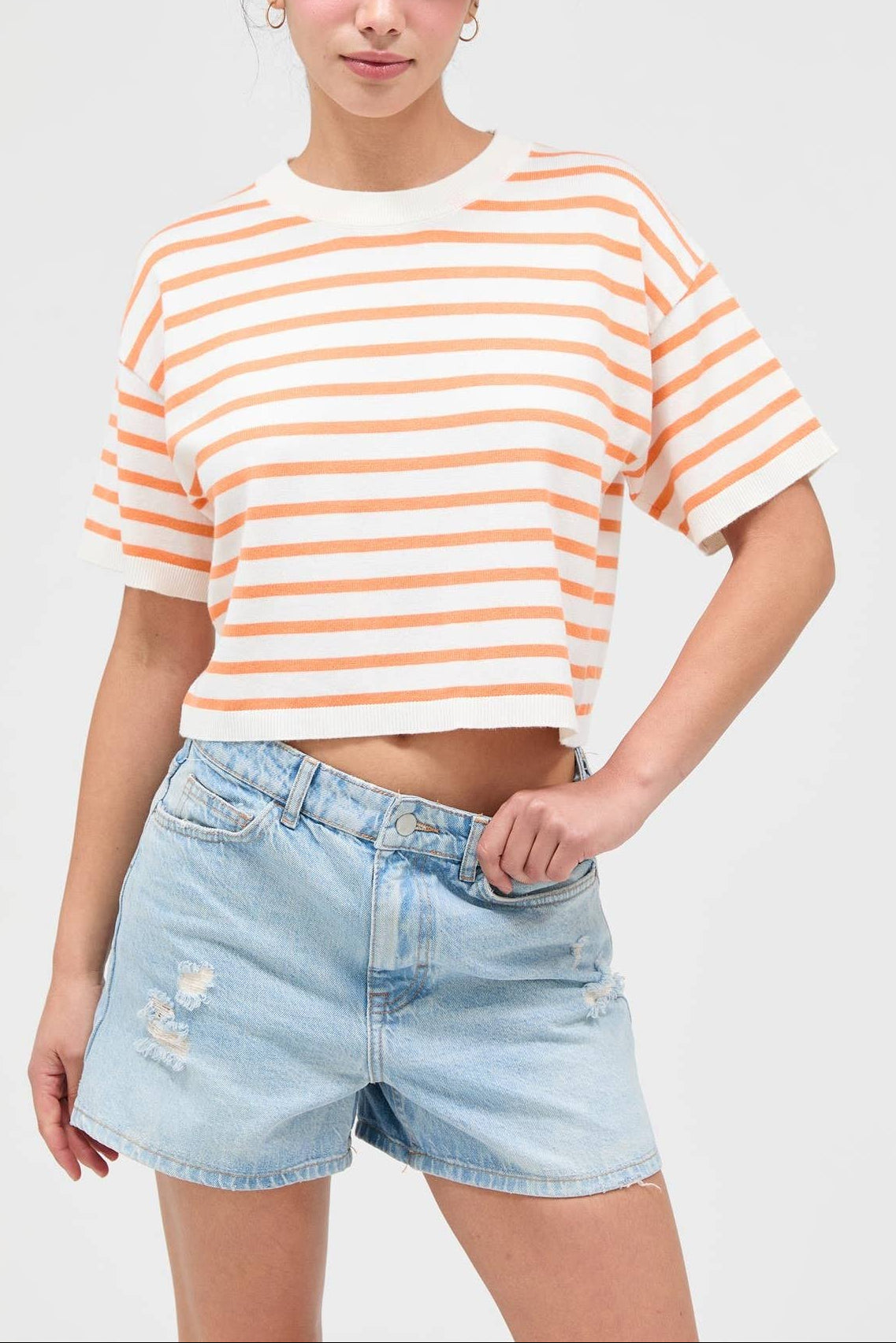 Round Neck Striped Crop Top - Orange