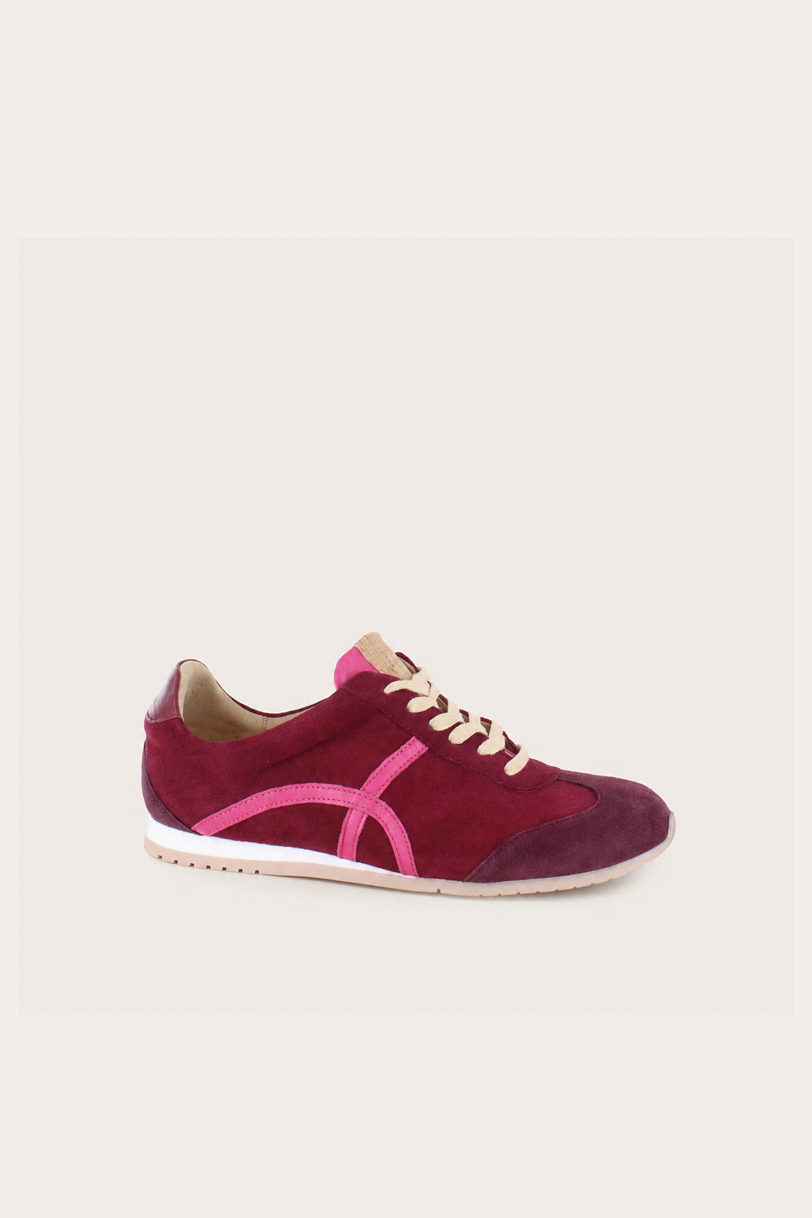Naot Haven sneaker in Merlot Port Raspberry Combo, angled view