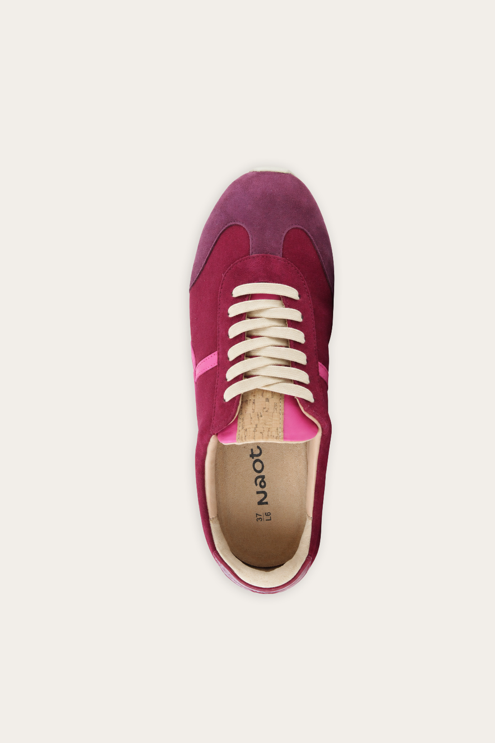 Naot Haven sneaker in Merlot Port Raspberry Combo, top view