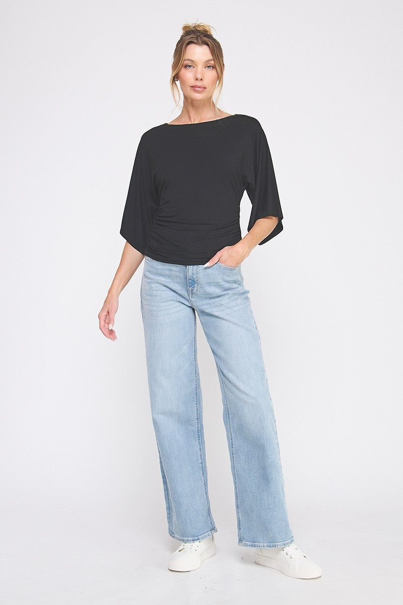 Isla Double Knit Angel Sleeve Cinch Top black back