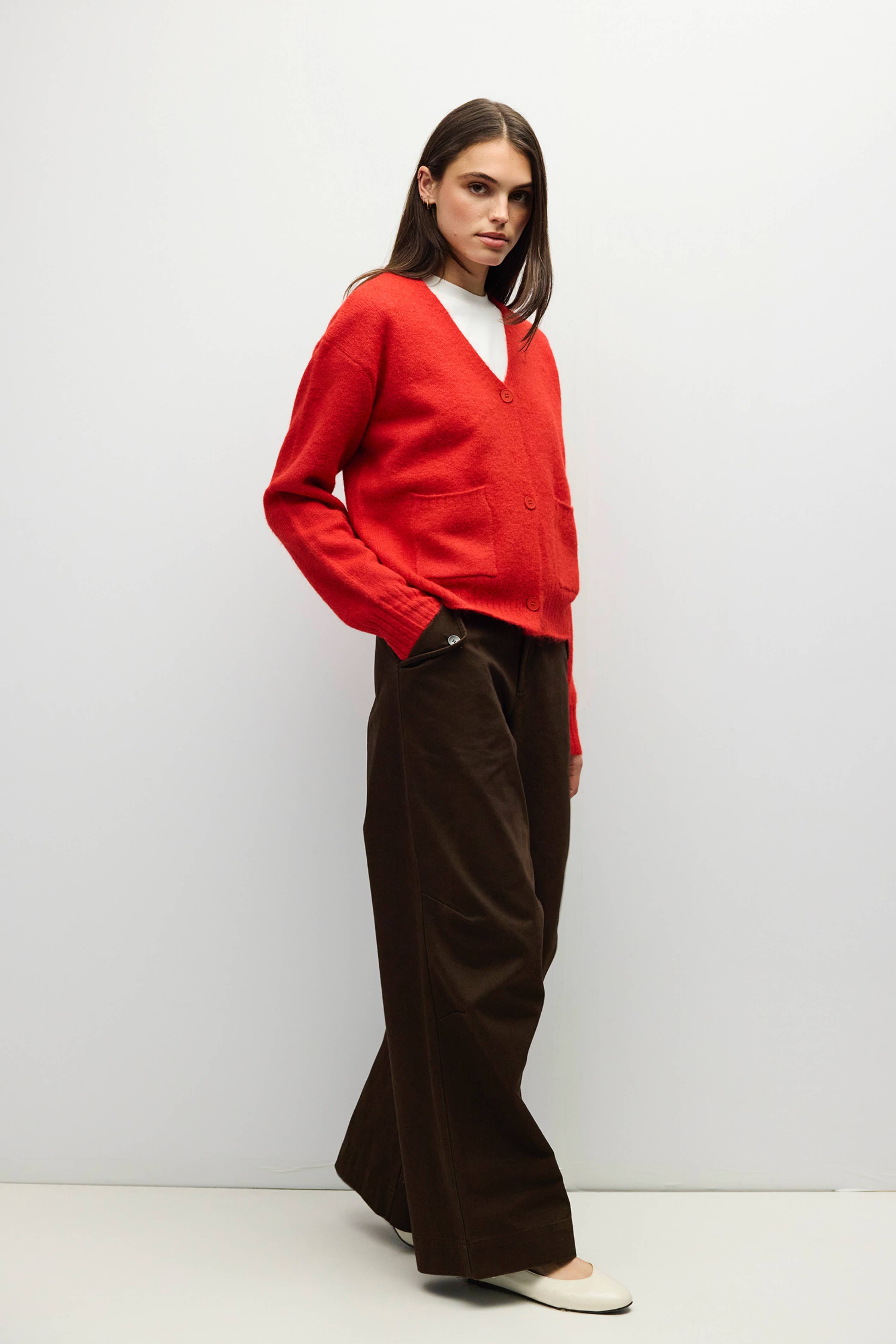 RED 3 fuzzy knit cardigan in red, side view