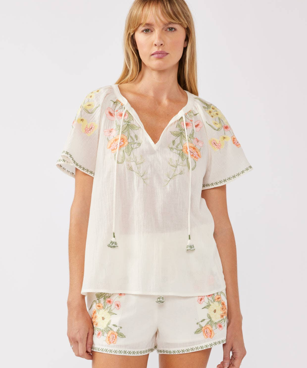 Floral Embroidery Split Neck Short Sleeve Top Cream/Coral