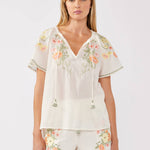 Floral Embroidery Split Neck Short Sleeve Top Cream/Coral