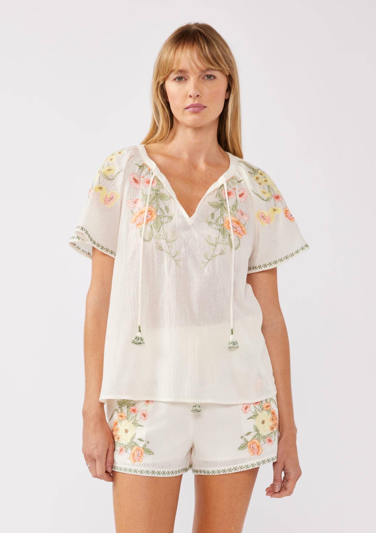 Floral Embroidery Split Neck Short Sleeve Top Cream/Coral