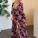 Burgundy Floral Button-Down Maxi Dress